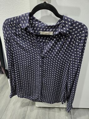LOFT Navy Button-Down Blouse with Ivory Micro Print